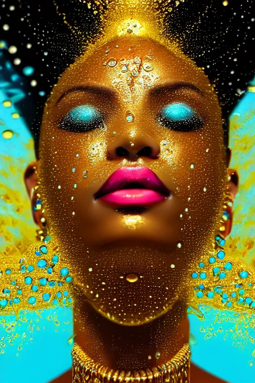 Image similar to hyperrealistic cinematic super expressive! oshun goddess immersed in water!, droplets dripping, gold ornate body jewely, highly detailed face, digital art masterpiece, smooth eric zener cam de leon, dramatic pearlescent turquoise light on one side, low angle uhd 8 k, shallow depth of field