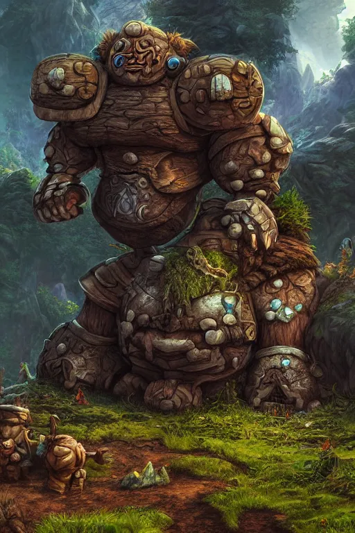 Image similar to zelda fantasy art giant golem troll wood rock greeble gemstone, global illumination ray tracing hdr fanart arstation by sung choi and eric pfeiffer and gabriel garza and casper konefal