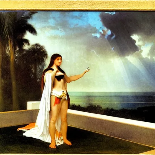 Image similar to Silhouette of a girl at the palace, thunderstorm, greek pool, beach and palm trees on the background major arcana sky, by paul delaroche, alphonse mucha and arnold böcklin arnold böcklin hyperrealistic 8k, very detailed