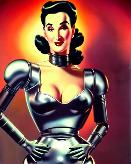 Image similar to closeup beautiful retro space dita von teese posing with a chrome robot in diesel punk city at night, pinup, windblown dark hair, seductive, hyper detailed, digital art, smooth, sharp focus, luis royo, gil elvgren, alberto vargas, 1 9 5 0, when mars attacks