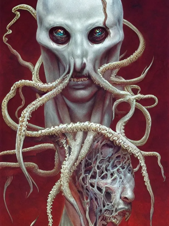 Image similar to painting by wayne barlowe of a flying sorrowful looking severed human head with tears running down it's eyes, face that is chalk white in color, with long sprawling white tentacles stemming down it's neck, fiery scorching red eyes, flying in a terrying hellish dark cavernous place