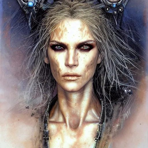 Image similar to an award finning closeup facial portrait by luis royo and john howe of a very beautiful and attractive female bohemian cyberpunk traveller aged 6 0 0 years old with green eyes and freckles in clothed in excessively fashionable cyberpunk gear and wearing ornate warpaint