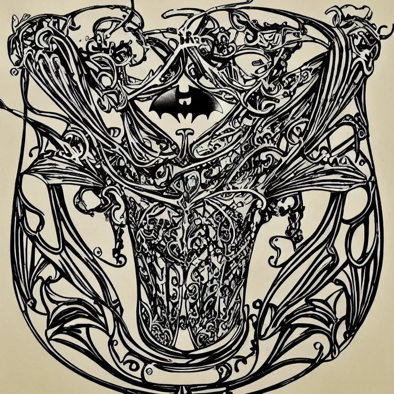 Image similar to vintage art nouveau style sticker (((batman))) as a cyborg, detailed filigree fretwork lacework