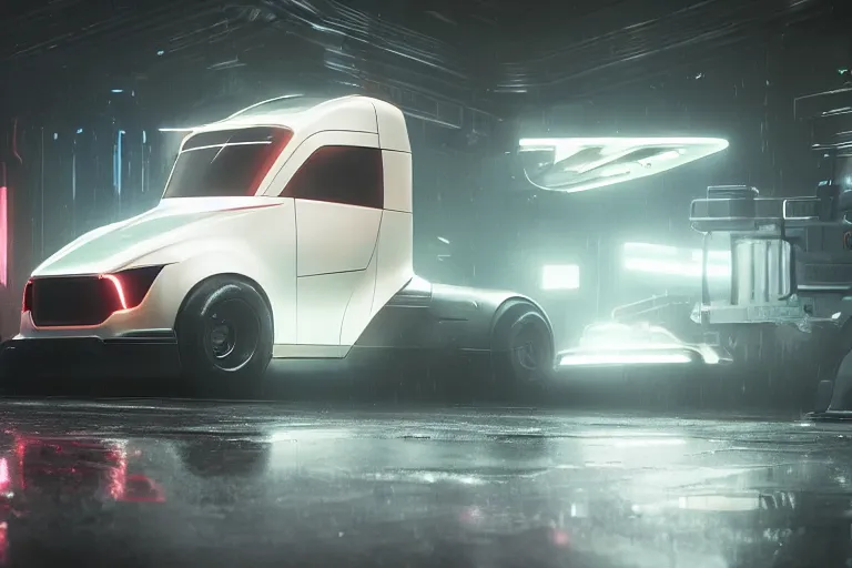 Prompt: a 2 8 mm closeup photo of a tesla cybertruck a on wet floor of a photo studio, intricate, hyper detailed, smooth, high contrast, volumetric lighting, octane, moebius, greg rutkowski, blade runner, ripley scott, synthwave, cinematic