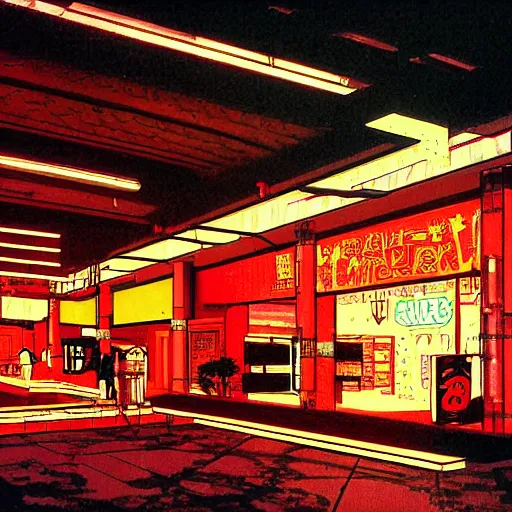Prompt: an old shopping mall from the 1 9 8 0 s, neon lights, by satoshi kon