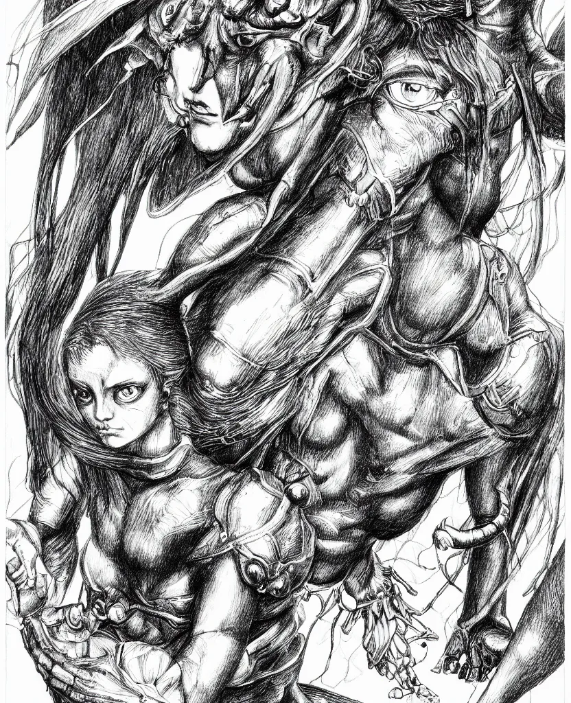 Image similar to line art pencil drawing of medieval half insect half woman chimera, very exaggerated fisheye perspective, art by shinichi sakamoto and kentaro miura