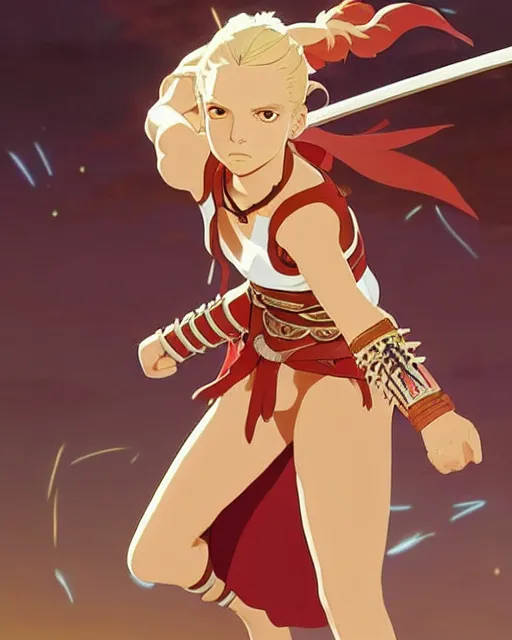 Image similar to young britney spears as an azctec warrior, detailed perfect face, exquisite details, fire magic, mid view, design on a white background, by studio muti, greg rutkowski makoto shinkai takashi takeuchi studio ghibli