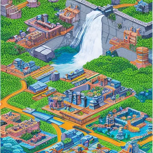 Image similar to isometric fantasy art of a giant waterfall city with tall skybridges and turrets, bold colors, detailed, by studio ghibli