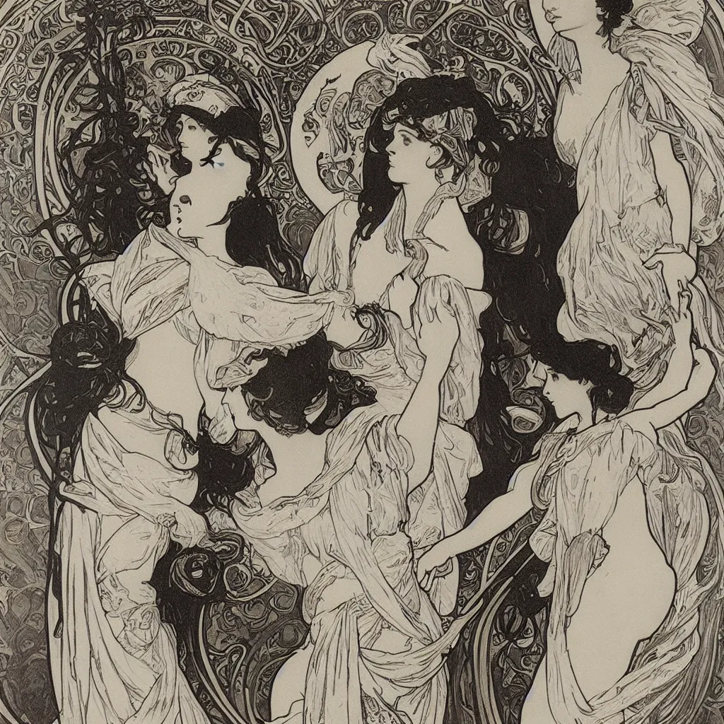 Image similar to monochromatic engraving by alphonse mucha and gustave klint