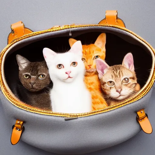 Image similar to lots of furry cats inside a big handbag, gray background, studio lighting, detailed photo, 4 k, 8 k