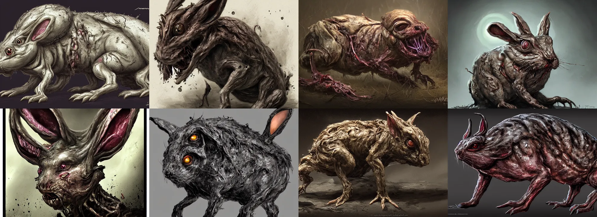 Prompt: a nightmarish slimy monster rabbit, with black eyes, rotting flesh, exposed bone, by jerad marantz, concept art, dramatic lighting, highly detailed digital painting