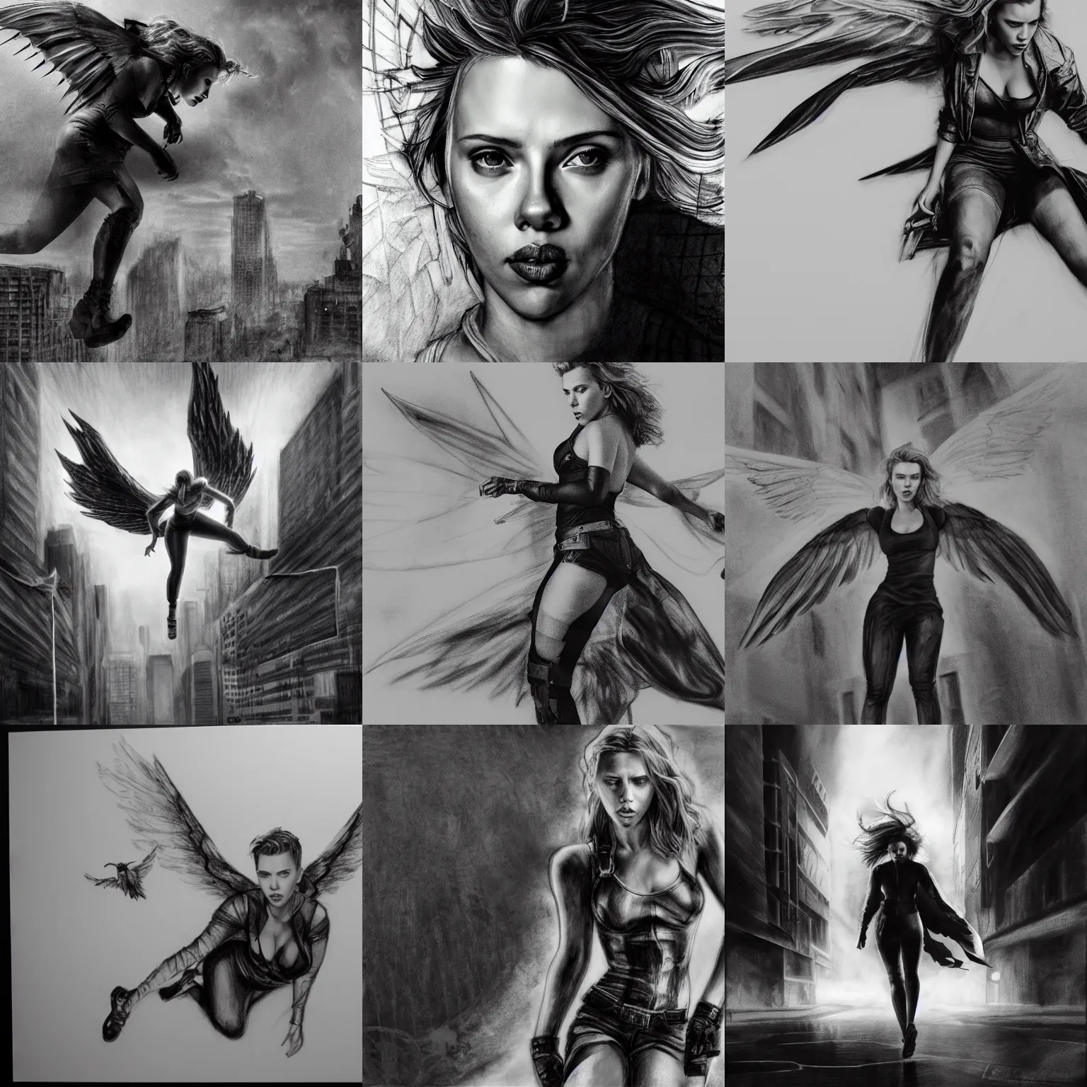 Prompt: scarlett johansson with wings centered on back, flying through a post apocalyptic city, full figure charcoal sketch, black and white, hyper realism, centered in portrait, 8 k, realistic, photo real, smooth, sharp, intricate detail, hyper detail, dramatic lighting, dramatic shading