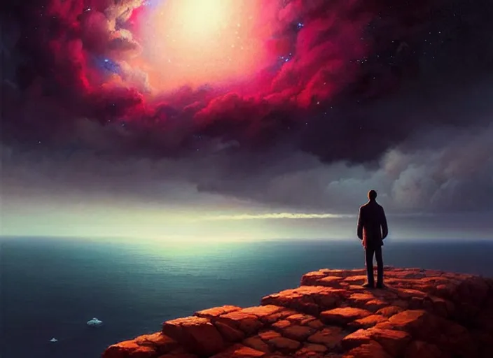 Prompt: dark silhuette of a man standing on a gray dull cliff looking out into a colorful cosmos, clouds, stars, rings, beautiful lighting, vivid colors, intricate, elegant, cgsociety, artstation trending, oil painting by greg rutkowski, by artgerm, by wlop