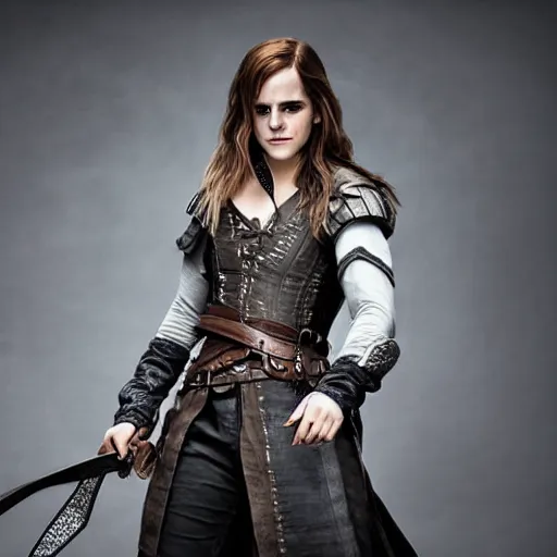 Prompt: Emma Watson cosplaying as Geralt from the Witcher. Studio lighting