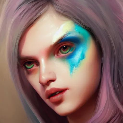 Image similar to Portrait of beautiful girl with luscious full pouty lips, huggy wuggy from poppy playtime video game, neon face paint, striking eyes, fullbody, ultra high detailed, oil painting, Greg Rutkowski, Charlie Bowater, Yuumei, Yanjun Cheng, unreal 5, DAZ, hyperrealistic, octane render, RPG portrait, dynamic lighting, fantasy art, beautiful face