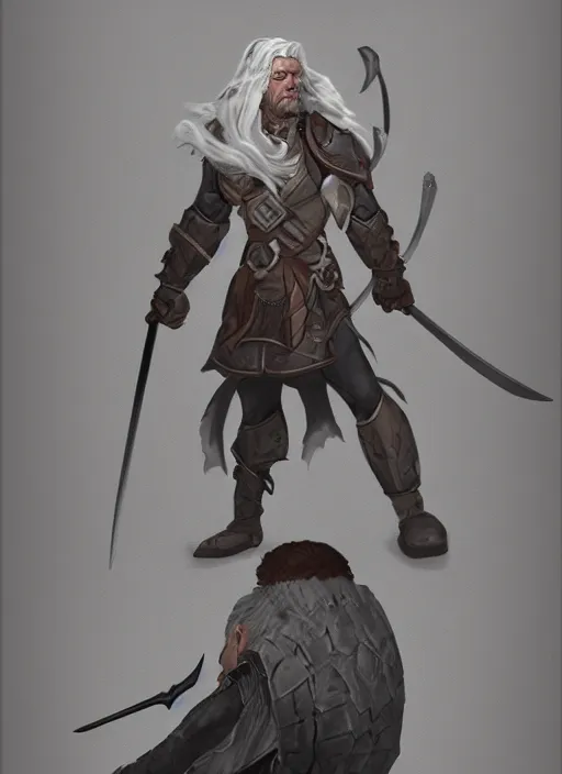 Prompt: an older half giant fighter with a long sword, thinning white hair, leather amor, greg rutkowksi, trending on artstation, dungeons and dragons