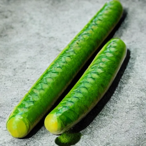Image similar to long green Sausage with eyes and fangs and with scales