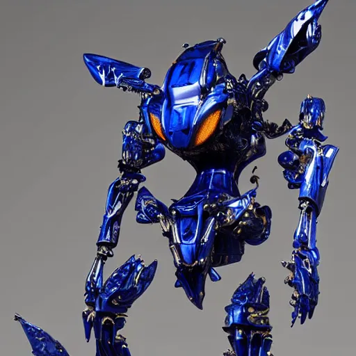 Prompt: shark themed sapphire mechanical exoskeleton wearing hardsurface armour, inlaid with gold rococo, bladed wings lace wear, sculpted spider zero, frank gehry, stephan martiniere, missle turrets, hyper detailed, custom mecha # frank gehry # spider zero