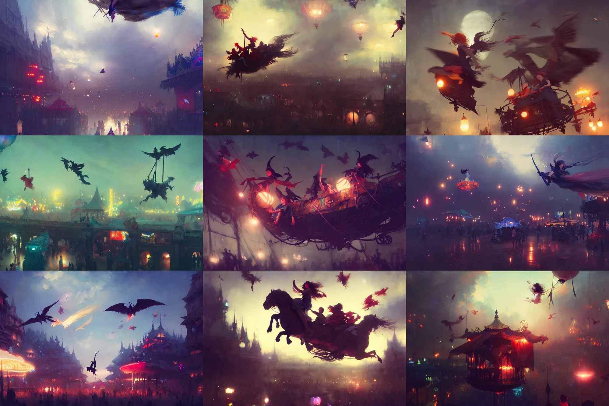 Prompt: young witches flying above exploring a carnival, witchlight carnival travelling temporary small amusement park, night time, high octane filter, 8 k, highly detailed, digital painting, concept art, matte, art by ruan jia and wlop and greg rutkowski and makoto shinkai, masterpiece
