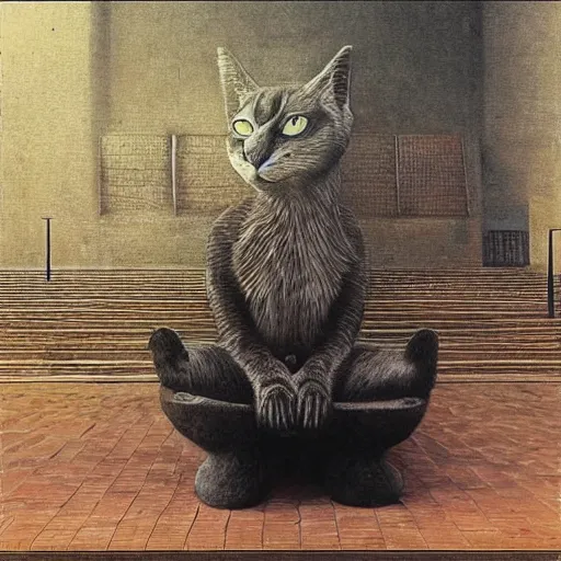 Prompt: photo of a giant human-cat hybrid hybrid sitting in a mall, by Zdzisław Beksiński