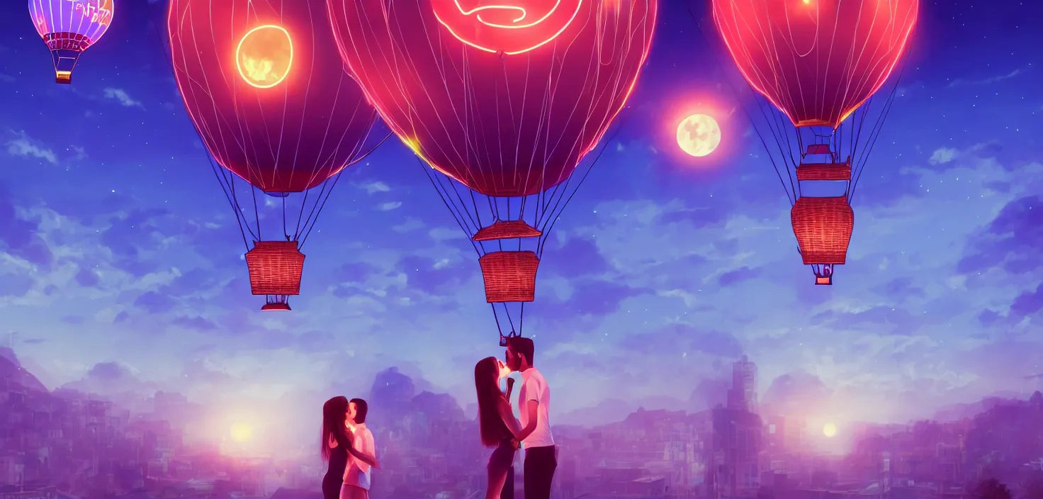 Image similar to a couple kissing on the background air balloon in the middle neon lights | | sunny night, full moon, dreamlike art, realistic shaded, smile, good looking, hyper details, 4 k realistic, cryengine, realistic shaded lighting poster by artgerm, ross tran, fuji choko, 8 k resolution, trending on artstation, luxury