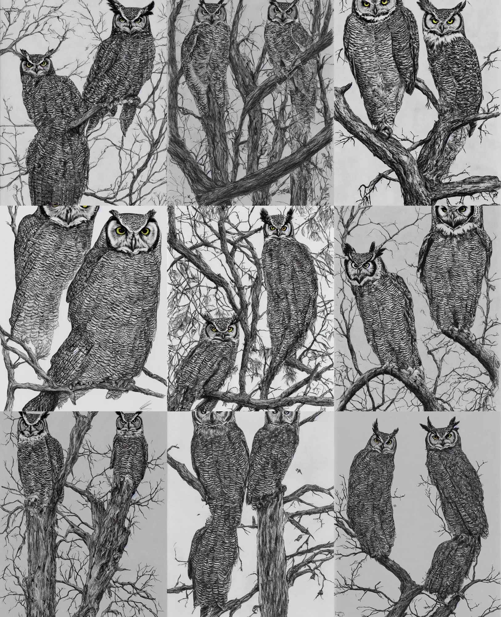 Prompt: great horned owl standing on a branch, by Dore, realistic line drawing, black and white, pen & ink drawing, concept art