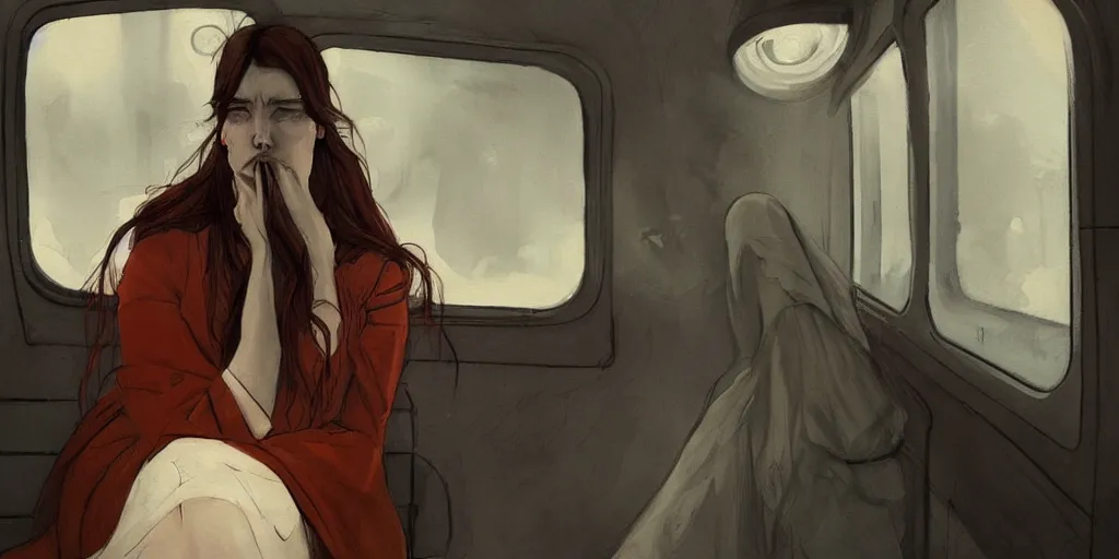 Image similar to a beautiful painting of a sad woman on a train by abigail larson, trending on artstation