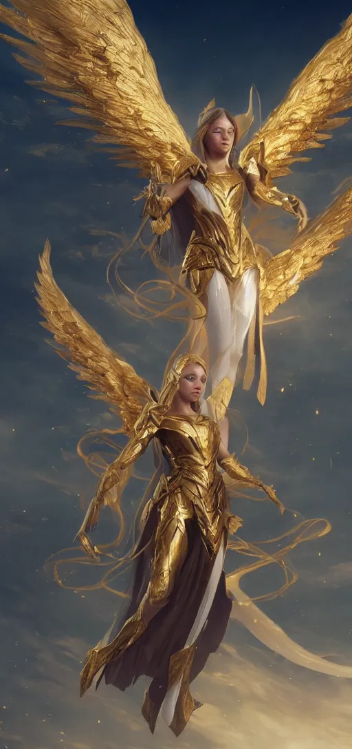 Prompt: beautiful female angel with golden armor and golden white wings, fantasy style, octane render, volumetric lighting, 8k high definition, by greg rutkowski, highly detailed, trending on artstation, magic the gathering artwork, , centered