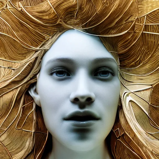 Image similar to abstract female face sculpture made of white marble and amethyst crystals quartz, ethereal lights, fine details, artstation. com, film still, cinematic photoshooting, luxury, strong wind, dark mood, sad, liquid acrylic painting, optical cables, cold colors, golden filigree, lens flares, octane render