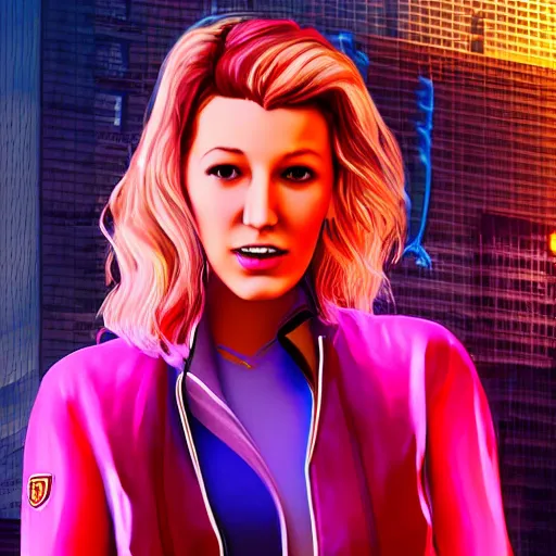 Image similar to blake lively portrait, gta, game, character, highly detailed, 8 0 s, neon, los angeles, neon