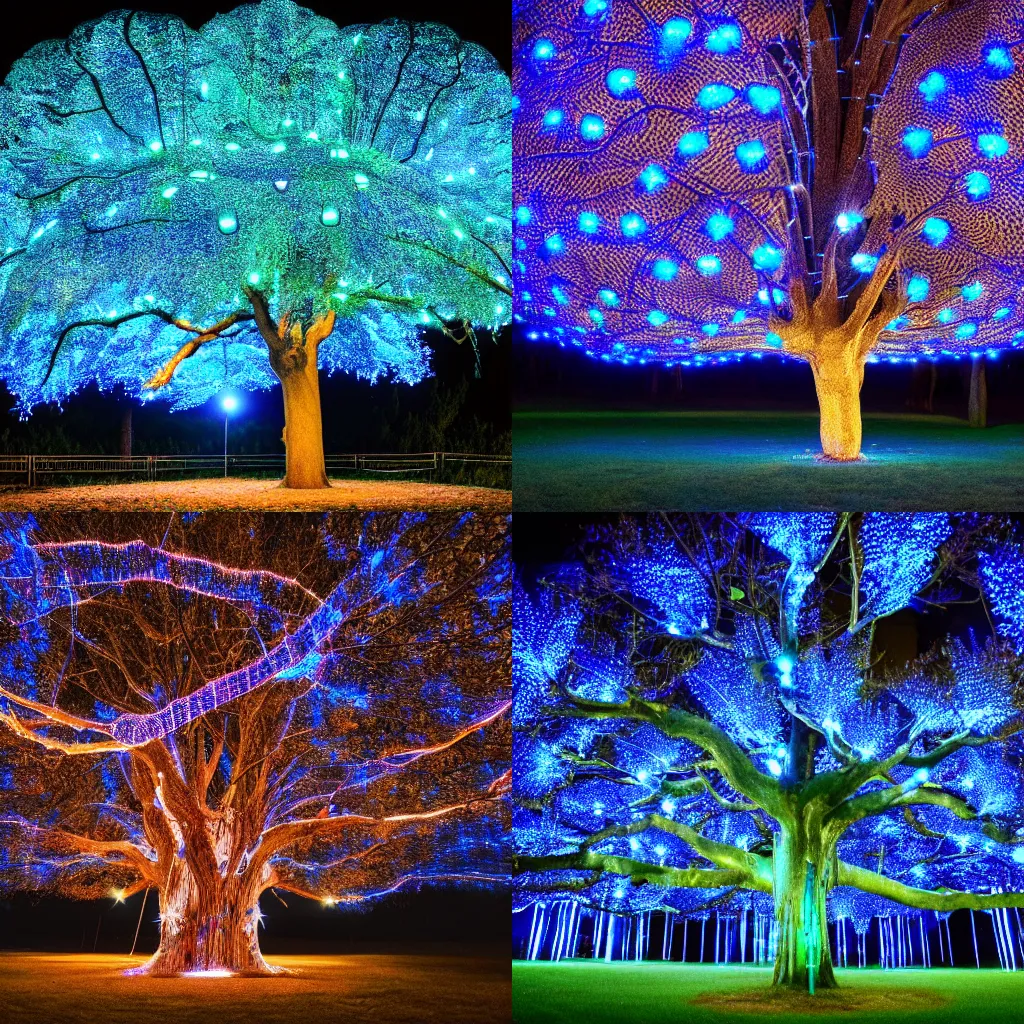 Prompt: a large tree with a lot of blue lights on it | a surrealist sculpture by bruce munro | trending on unsplash | interactive art | glowing lights, bioluminescence, luminescence