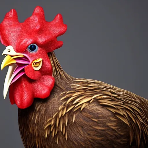 Image similar to a closeup shot of a chicken wearing a suit, photorealistic