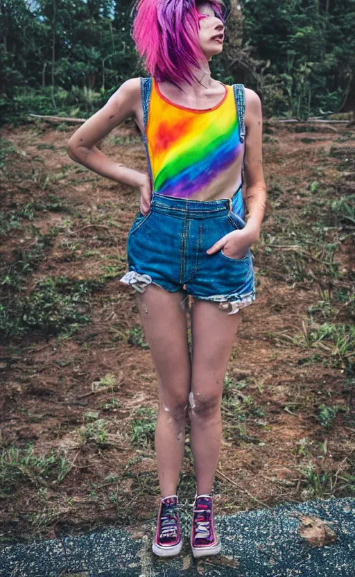 Prompt: grungy woman, rainbow hair, soft eyes and narrow chin, dainty figure, wet t-shirt, torn overalls, skimpy shorts, Sony a7R IV, symmetric balance, polarizing filter, Photolab, Lightroom, 4K, Dolby Vision, Photography Award