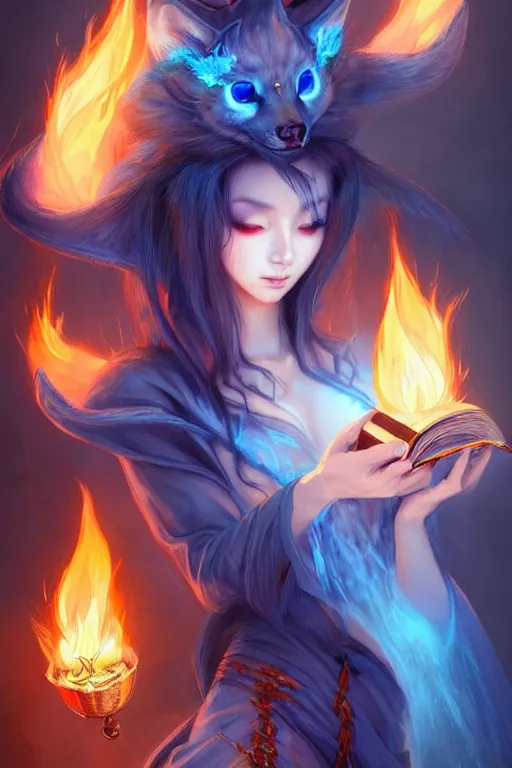 Image similar to gorgeous!!! hyper - realstic kitsune sorceress, holding a tattered magical book, casting a flame spell, blue flames | drawn by wlop, drawn by jeehyung lee, drawn by artgerm | fantasy, dark, intricate, highly detailed, digital painting, character design, concept art, illustration, artstation