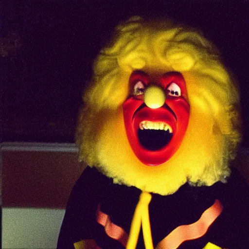 Image similar to creppy 2 0 0 1 photo of ronald mcdonald screaming in a dark room