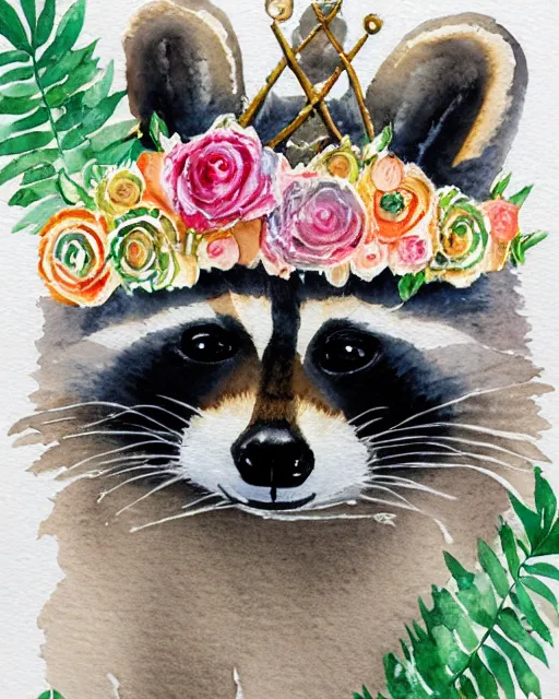 Prompt: a very detailed watercolor portrait of a cute raccoon with a crown of flowers on its head, muted colors, white paper background, watercolor on paper