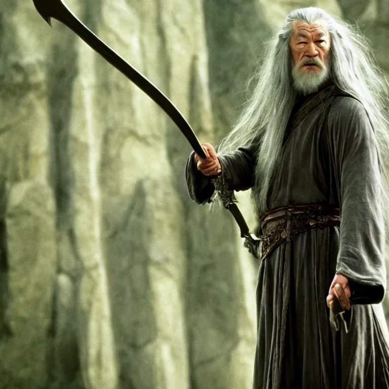 Image similar to film still of Lucy Liu as Gandalf in Lord of the Rings,