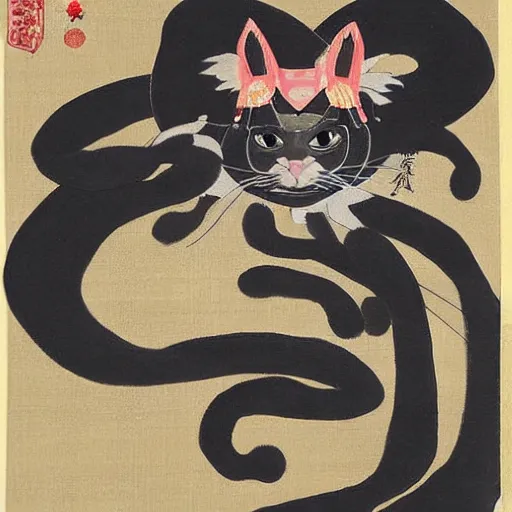 Prompt: Japanese painting of a Nekomata.