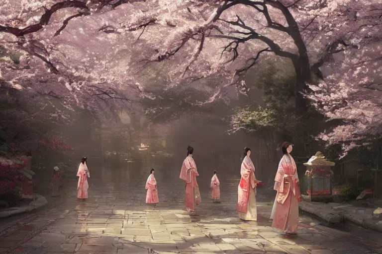Prompt: a beautiful picture of sakura blooming in the shrine, girls in kimonos, by greg rutkowski and thomas kinkade, trending on artstation