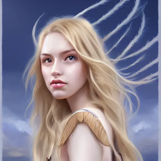 Image similar to A portrait of an attractive young female wind angel, beautiful long wild blond hair, clouds in the back, intricate, highly detailed, elegant, digital painting, trending on artstation