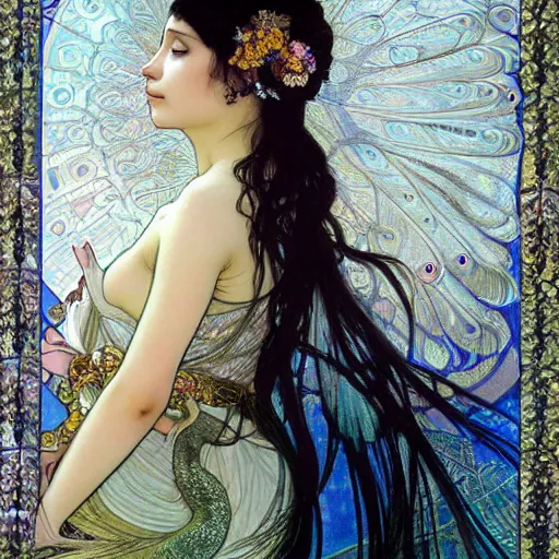 Prompt: highly detailed portrait of a beautiful cute girl with peacock feathers, endless black hair, with pale skin, fibonacci, fragile, sitted on an intricate stone throne by alphonse mucha, ayami kojima, yoshitaka amano, charlie bowater, karol bak, greg hildebrandt, jean delville, and mark brooks, 4 k resolution