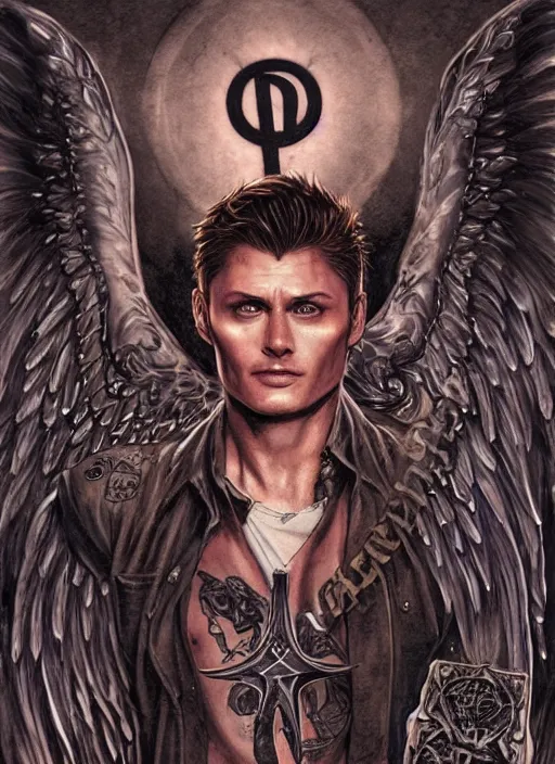 Image similar to Dean Winchester as an angel with religious tattoos on chest and neck, with glowing runes on the body, grimdark book cover style, D&D dark fantasy style, sharp focus, ultra detailed, art by Artgerm and Peter Andrew Jones, Ayami Kojima, Amano and Olivier Ledroit