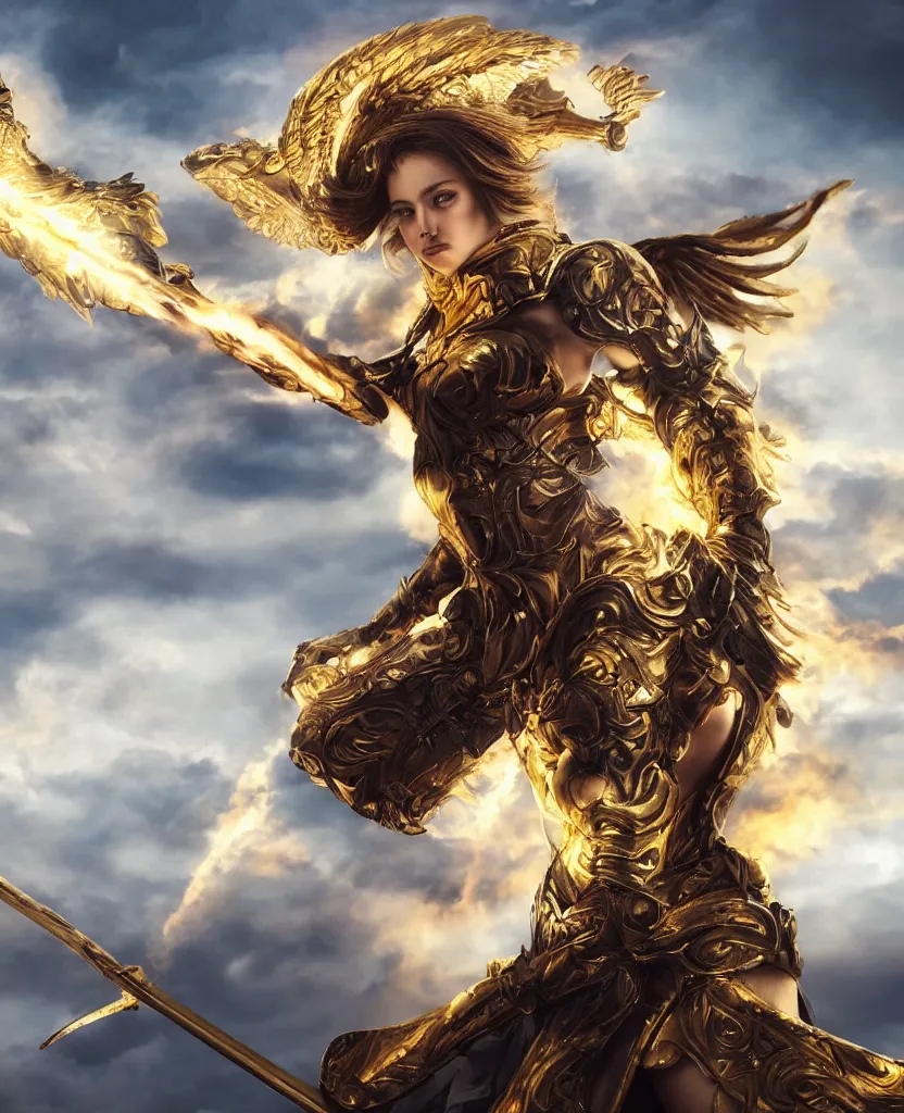 Prompt: A fiercely beautiful woman in golden angelic battle armor wielding a flaming sword, among heavenly clouds, long shot, wide shot, full shot, cinematic, epic, 4k, realism