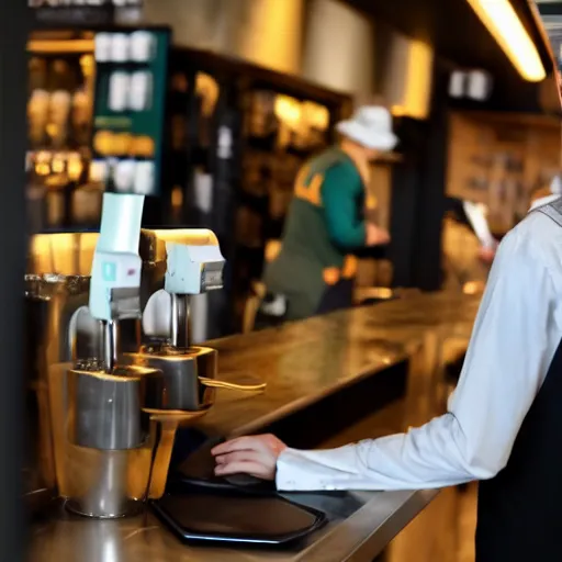 Image similar to slenderman working at starbucks, stock photo, cheerful lighting