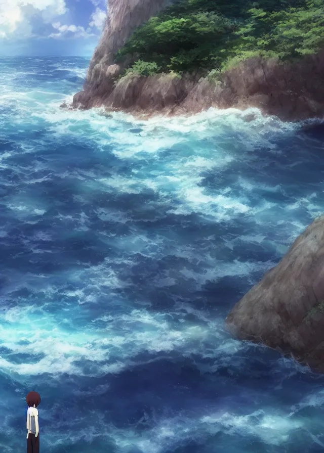 Prompt: island in a blue sea, makoto shinkai