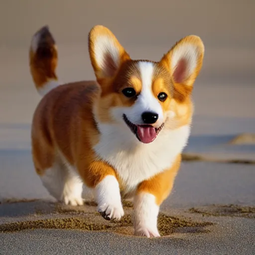 Image similar to 8k highly detailed photograph of the most adorable Corgi Puppies playing with a large beach ball on a sandy beach in California, natural sunlight,