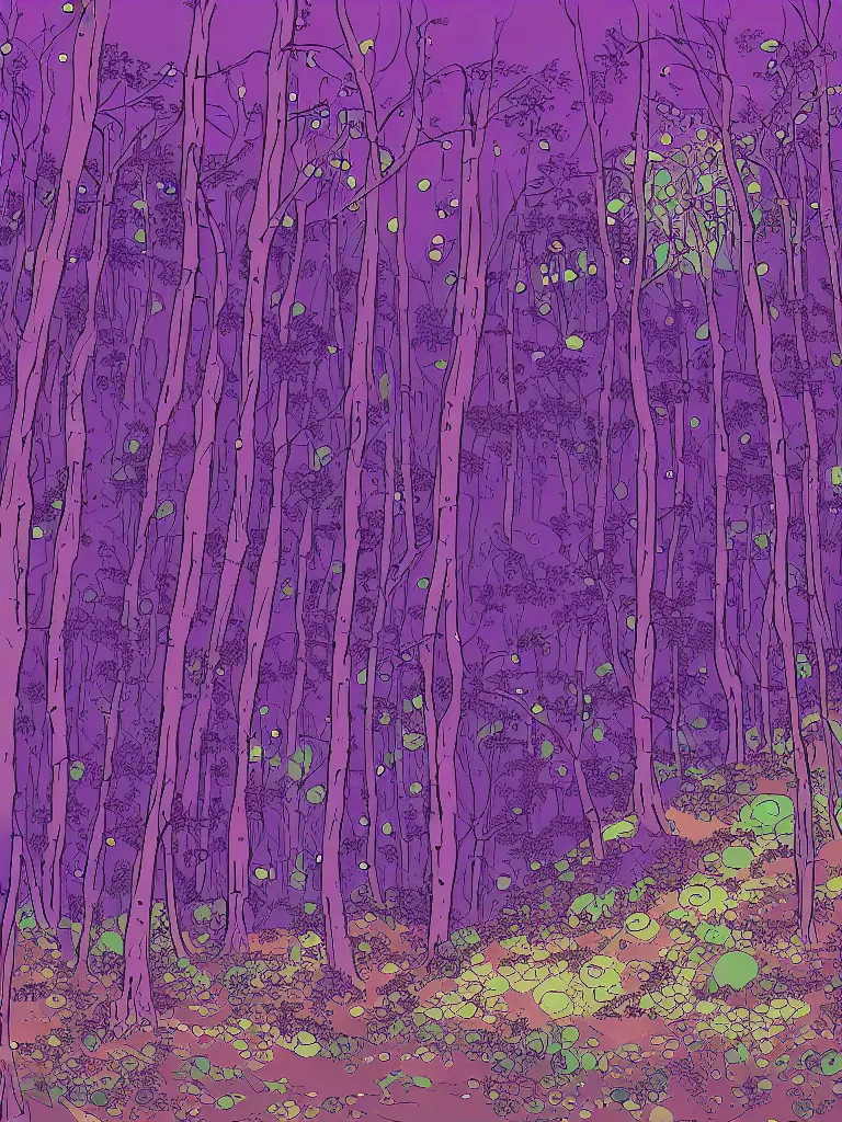Prompt: a digital art of a close up view of a forest, fireflies flying around, purple color scheme, by laurie greasley, artstation, studio ghibli color scheme