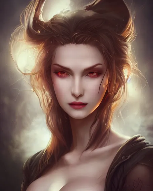 Prompt: a beautiful female vampire, ethereal, dreamy, backlit, highly detailed, stern expression, realistic lighting, sharp focus, windswept, rule of thirds, symmetrical facial features, by artgerm, wlop, rossdraws, frank frazetta, andrei riabovitchev, trending on artstation, hd, 4 k, fantasy