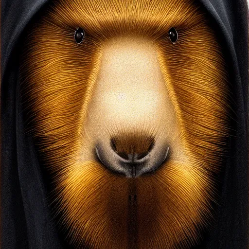 Image similar to a portrait of a capybara wearing a black hood, cloak covering face, anatomically correct, beautiful perfect face, enigmatic, oil painting, matte, black background, volumetric dynamic lighting, highly detailed, cinematic lighting, unreal engine, 8 k, hd, by beksinski