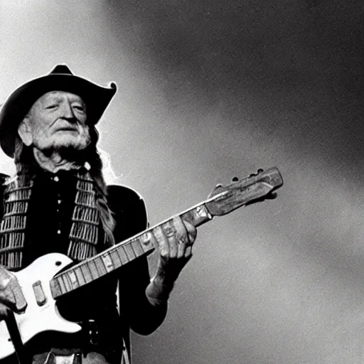 Prompt: willie nelson on stage, holding guitar. four fingers. god rays through fog.